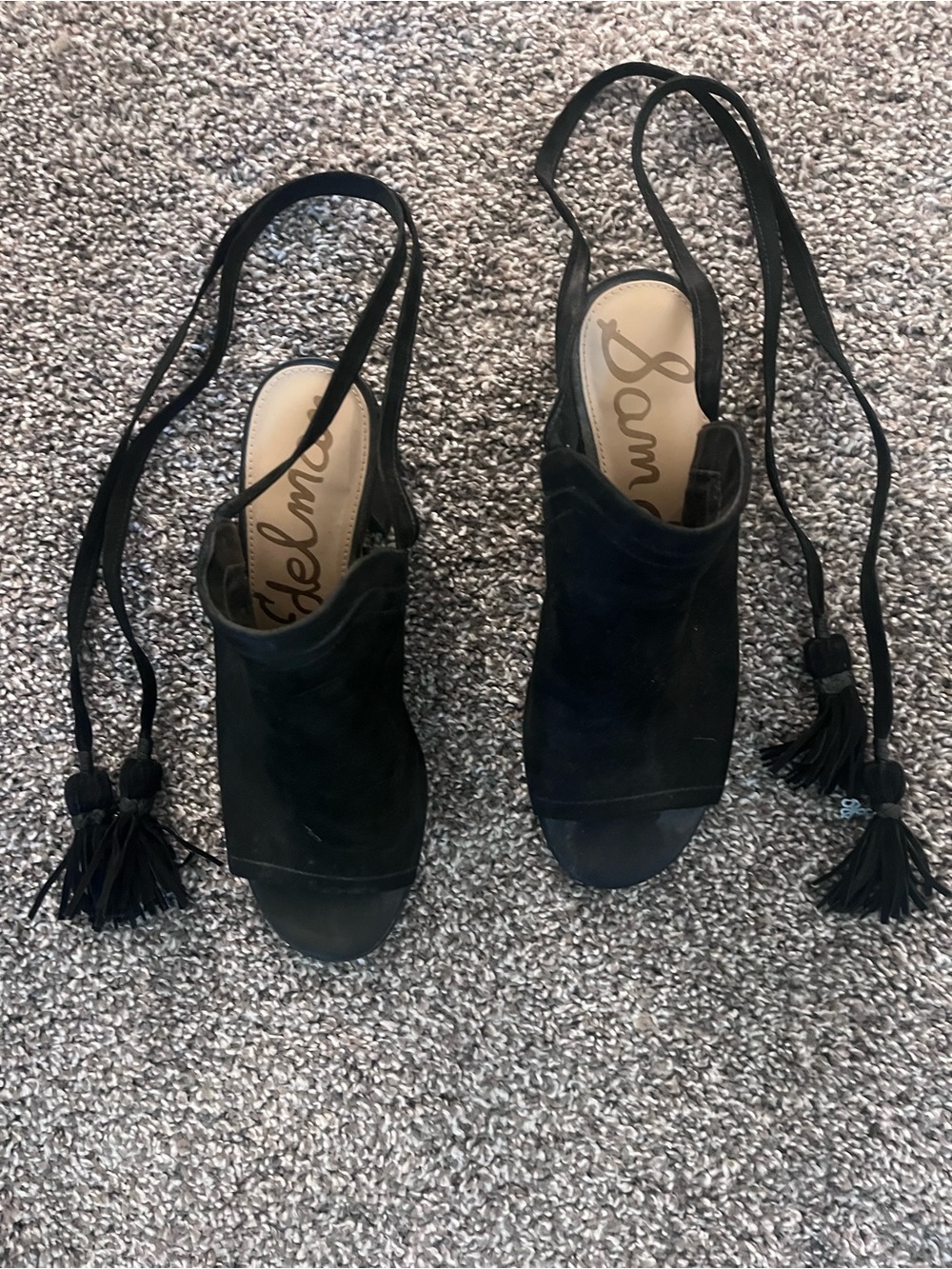 Sam Edelman Black Suede Peep-Toe Tassel Wrap Heels